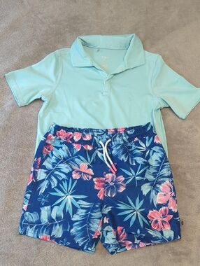 Izod Light Aqua Polo with Navy Tropical Swim Shorts